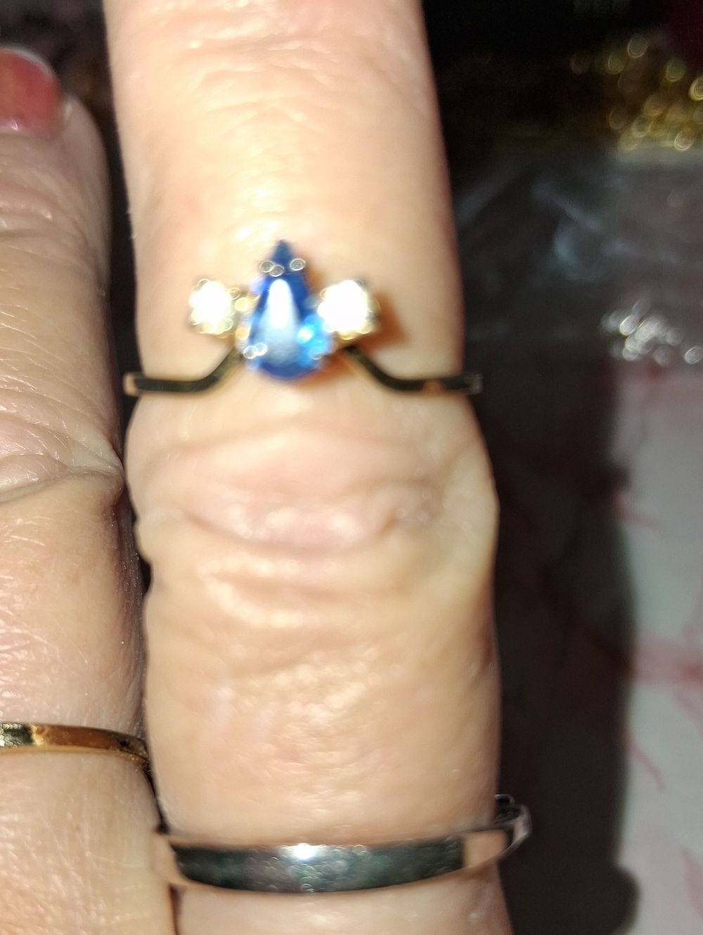 Source Unknown Gold Ring with Blue Teardrop Stone and Clear Accents